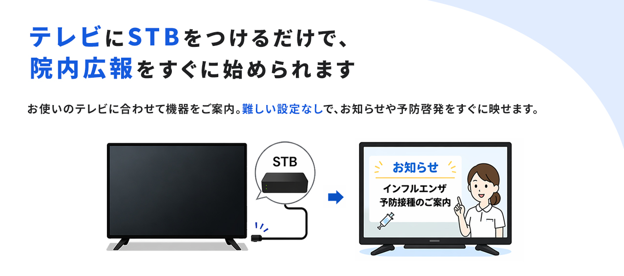 テレビにSTBをつけるだけで、院内広報をすぐに始められます